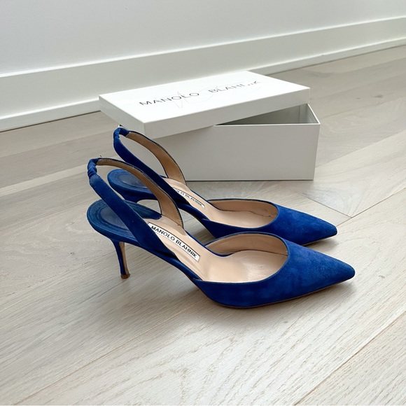 Manolo Blahnik Shoes - Authentic Manolo Blahnik blue slingback kitten Carolyne heels 39